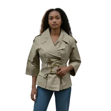 Blanc Noir Womens Cropped Linen Safari Trench Coat Size Small Beige Jacket NWT