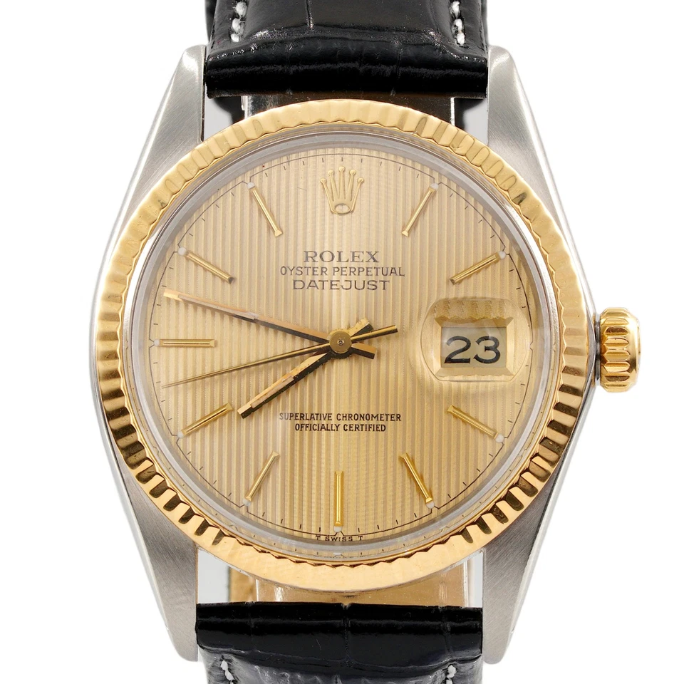 Reloj Rolex Datejust de dos tonos para hombre 18K/SS esfera dorada tapiz champán 16013