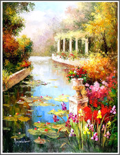 Obraz olejny na płótnie podpisany Angelo Rossi, Lilia wodna Wiosna Ogród Widok