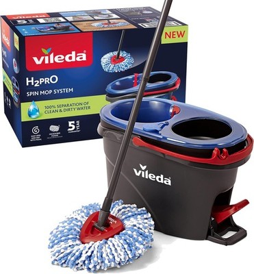 Vileda H2PrO Spin Mop, Wisch-Mopp Set mit Eimer| Ergonomisch, Müheloses, Grau