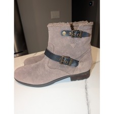 Marc Fisher Women's 9M Taupe Suede Double Buckle Moto Biker Boho Ankle Boots