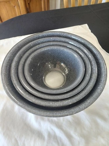 Set Of 4Vintage Pyrex Speckled Granite Nesting Mixing Bowls Grey Gray Clear