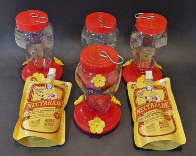 4 Hummingbird Hanging Nectar Feeders-16 oz, all Plastic with 2 Nectarade Pks