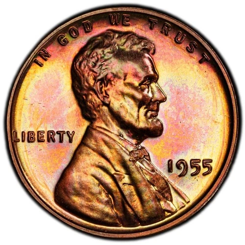 PR65RB 1955 1C Lincoln Wheat Proof Cent, PCGS Trueview- Pretty Rainbow Toned