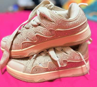 Girls' Beige Rhinestone Slip Resistant Lace Up Sneakers Synthetic Low Top