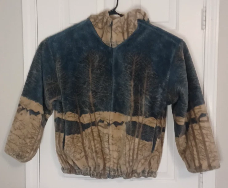 Vintage Country Woods Jacket Medium Fleece Hooded Full Zip Winter Landscape