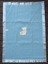 Satin Trim Baby Blanket Blue Bear Vintage Gift Applique Quilt Homestead