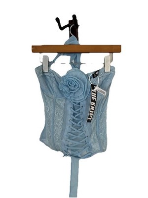 THE KRIPT Blue Lace Corset Top Halter Rosette Lace-Up Fairy Core Y2K S #0049