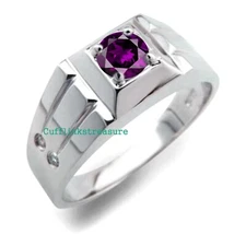 Natural Amethyst & CZ Gemstones with 925 Sterling Silver Ring For Men's #5R41
