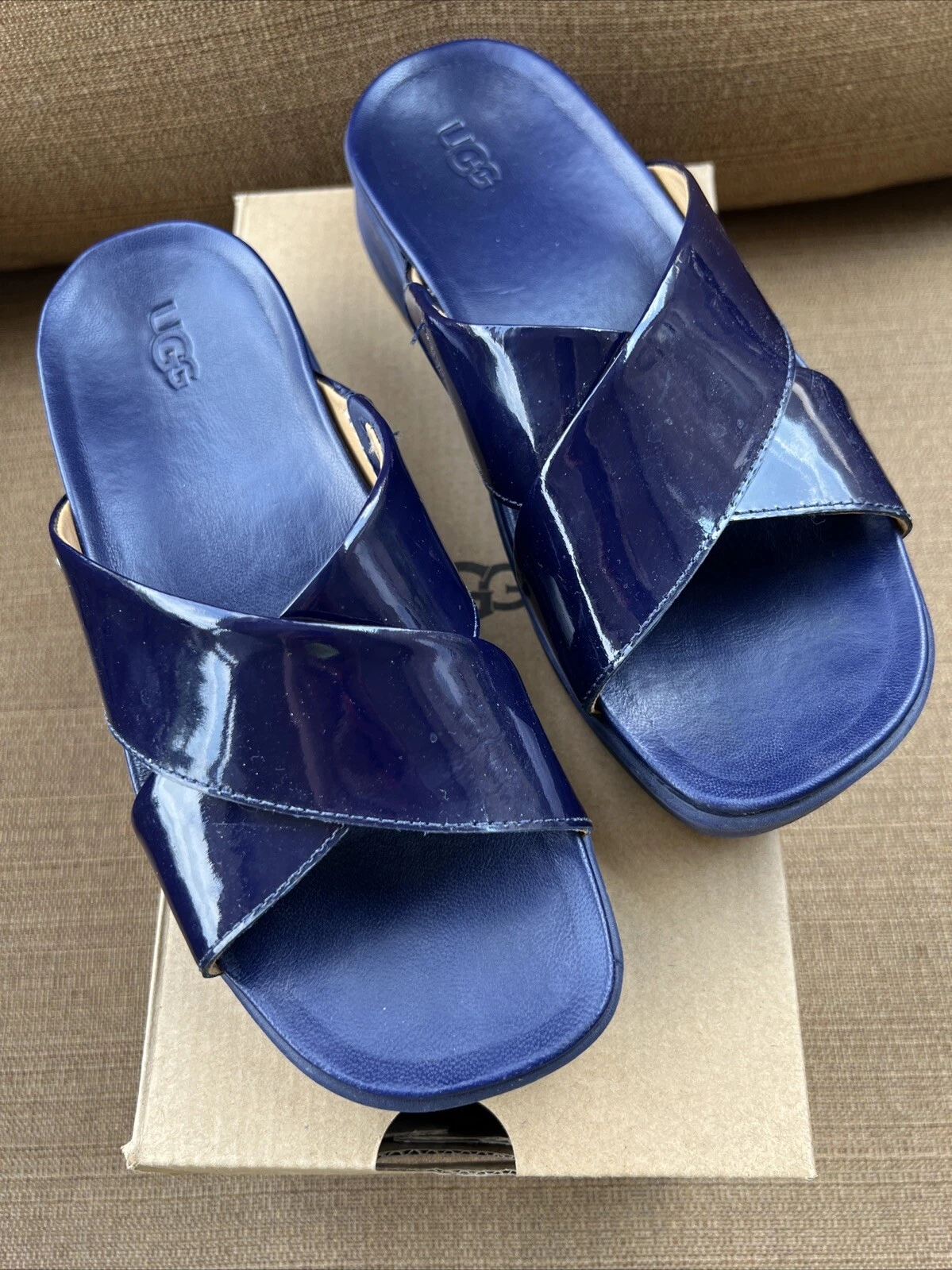 Sandalo Ugg Navy taglia 5 con scatola fondo in pelle e top in pelle brevettata