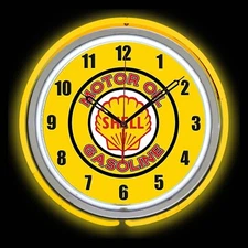 15" SHELL Motor Oil & Gasoline Sign Yellow Double Neon Clock Gas Station