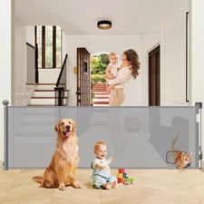 118" Retractable Baby Gate with Cat Aisle 30 Seconds Automatic Locking Pet Fence