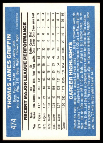 1982 Donruss #474 Tom Griffin - Picture 2 of 2