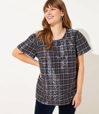 Loft Plus Shimmer Plaid Ruffle Trim Top Forever Navy Sizes 16,18,20,22,24 $54.50