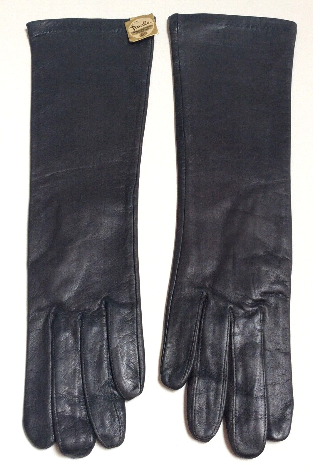 NWT VTG FINALE Black Leather Silk Lined High Elbow Gloves Size 6.5