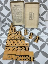 Vintage Puremco USA Ivory/Butterscotch DOMINOES Marblelike 616 Box Instructions