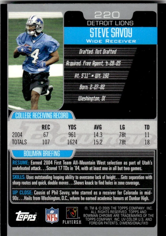 2005 BOWMAN CHROME ROOKIE Steve Savoy Rookie Detroit Lions #220 - Image 2 of 2