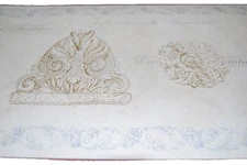 Wallpaper Border Statues, Script, Scrolls  Antiqued Beige, Blue Floral    W1165