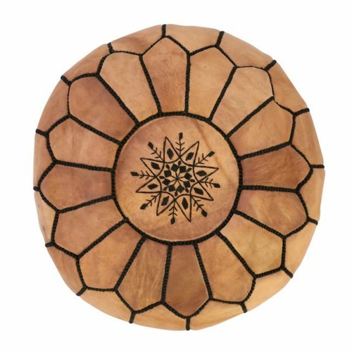 Set of 2 Moroccan Leather Pouf Ottoman Footstool natural with black stitching - Picture 2 of 5