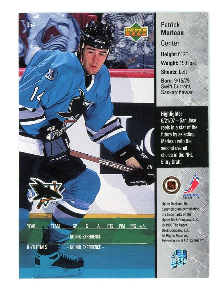 1997-98 Upper Deck Patrick Marleau #354 - Image 2 of 2