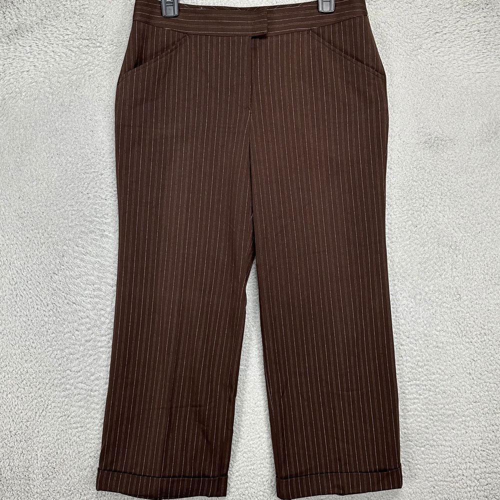 Max Studio Pantalones Mujer 8 Marrón Rayas Capris Vestido Frente Plano Elastizado NUEVO