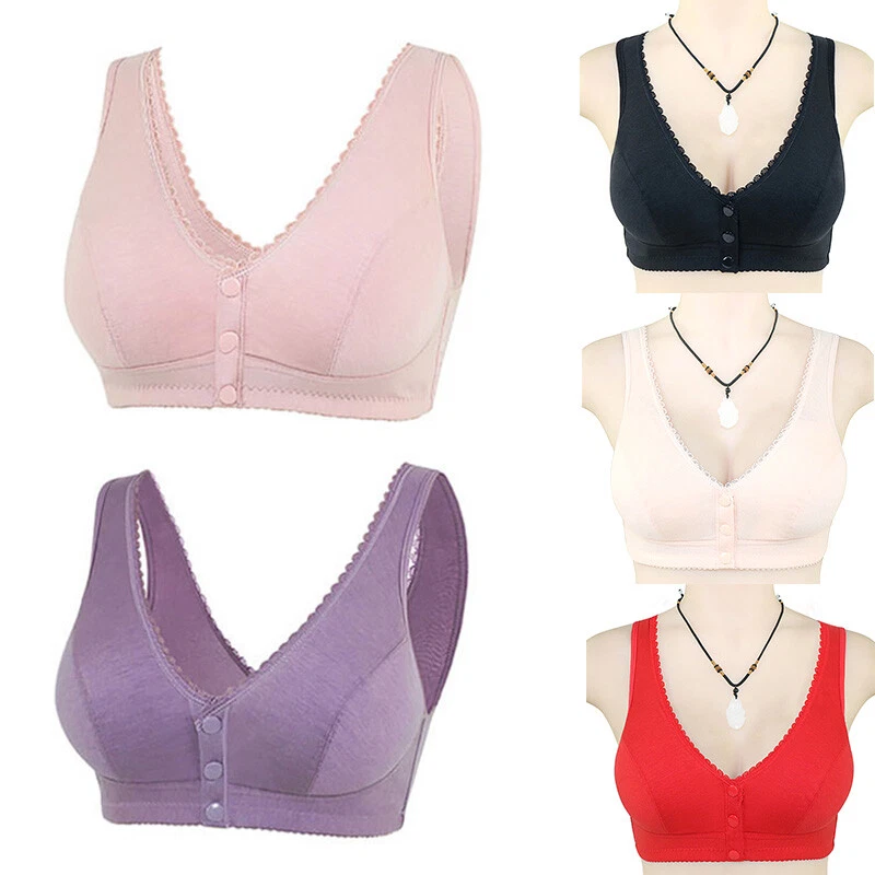 Women Elderly Front Button Closure Bras Underwear Wire-free Brassiere Bra  Casual