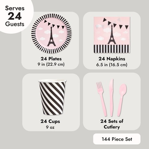 144-Piece Paris Party Supplies Set, Includes Plates, Napkins, Cups, and Cutle... - Picture 3 of 7