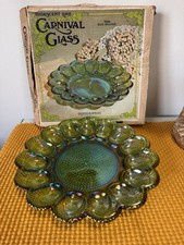 Vintage Indiana Glass Carnival Green Egg Platter 11 with Box Made In USA