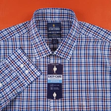 NWT Stafford Men's Travel Fitted Button-Up Shirt Blue Plaid Size 17-32/33