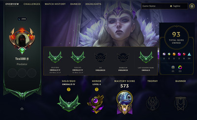 LOL Acc EUW LvL 400 | 93 Skins | Emerald 4