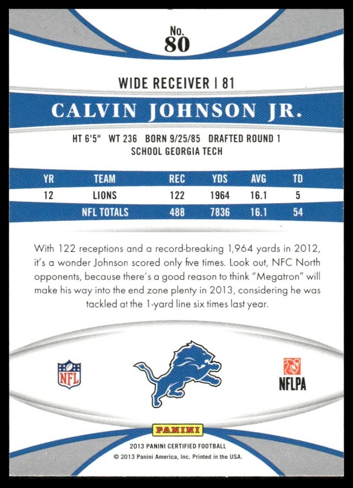 2013 Panini Certified #80 Calvin Johnson Jr. Detroit Lions - Image 2 of 2