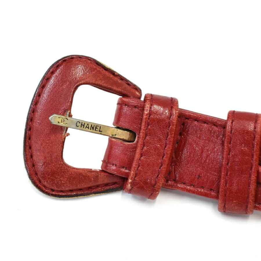 Auth CHANEL Red Leather Chain Belt Gold Hardware 70/28 Vintage