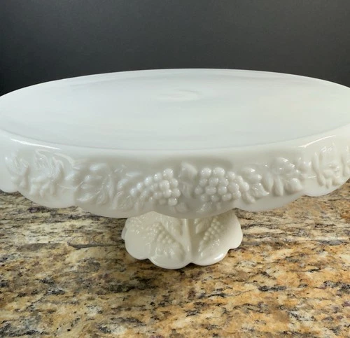 Vintage Westmoreland Paneled Grape Milk Glass Cake Stand Pedestal 11" Wide