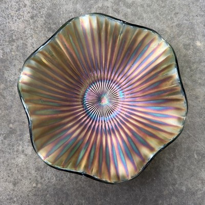 Antique Fenton Stippled Rays Green Ir idescent Carnival Glass Bowl