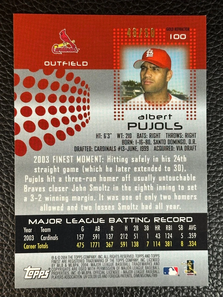 2004 Topps Finest Gold Refractor #100 Albert Pujols /50 - Image 2 of 2