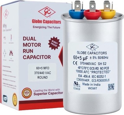 Globe Capacitor 60+5mfd 5 370V/440V Round Dual Element CBB65 Motor Run Start UL