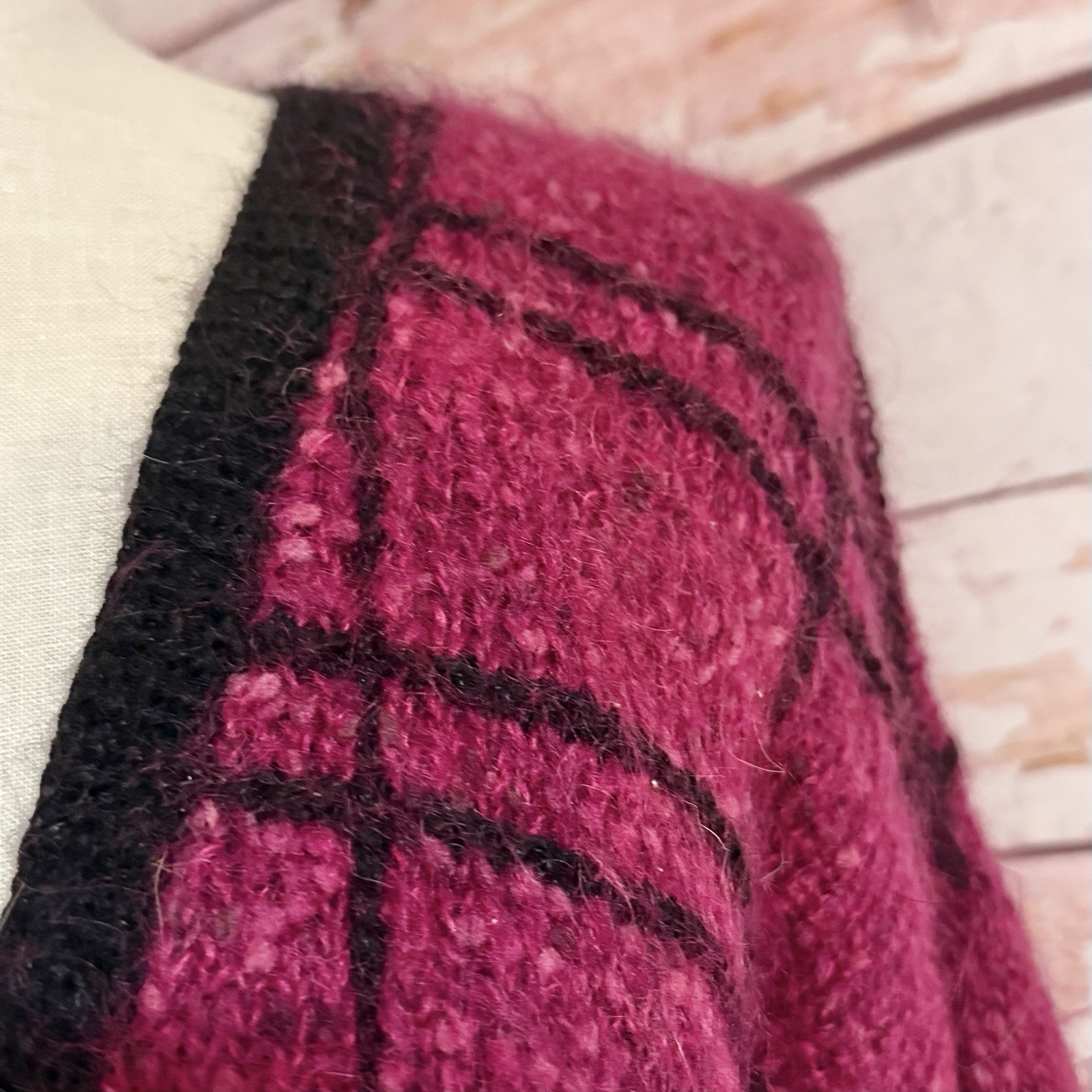 Vintage Handmade Cardigan Sweater Raspberry Pink Plaid V Neck Mohair Button Up