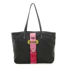 Prada Nylon Leather Tote Bag Women Black One Size