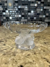 LALIQUE Crystal NOGENT Frosted 4 Sparrows Compote SIGNED 5.5" W, FRANCE / nice