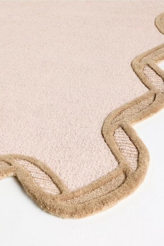 Alfombra de lana rosa con borde de vieira - Alfombra decorativa contemporánea acolchada hecha a mano - Imagen 3 de 7