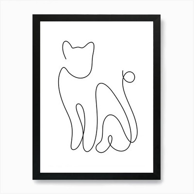 Kitty Cat Monoline Drawing Line Art Framed Wall Art Poster Canvas Print Picture