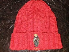 Polo Ralph Lauren Men  s Beanie Cable Knit Tuxedo Bear Red RARE  40obo