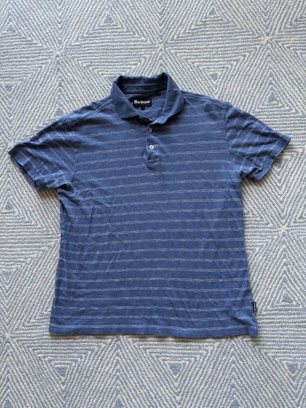 Barbour Cotton Polo Shirt - Blue w/ White Stripe - Large