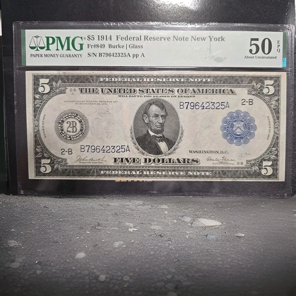1914 $5 Federal Reserve Note – New York Fr.849 PMG 50 EPQ AU – Burke | Glass – L - Image 2 of 4
