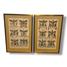 Pair Antique Hand Colored Heraldic Coat of Arms Framed British Nobility Prints