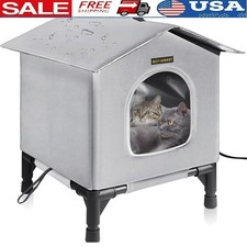 Heated Outdoor Cat Shelter Waterproof Insulated Cat House Feral Stray Cats Grey