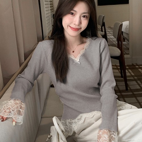 Ballet Style Temperament Lace V-neck Long Sleeve Slim Knitted Sweater For Women - Picture 10 of 13