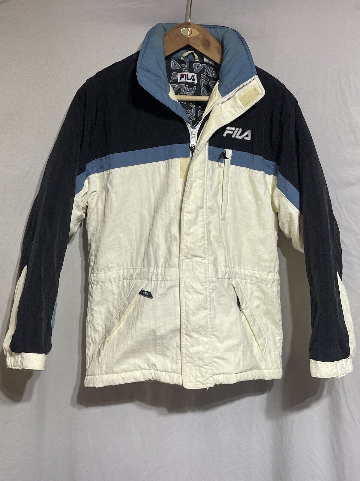 FILA Uomo M Puffer Puffy Jacket Nero Bianco Blu Tuck Away Cappuccio Vintage