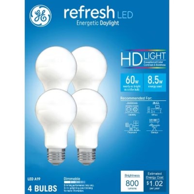 GE 4pk 60W Refresh A19 LED Bulbs - Dimmable, 800lm, Energy Star, 13.7Yr Life