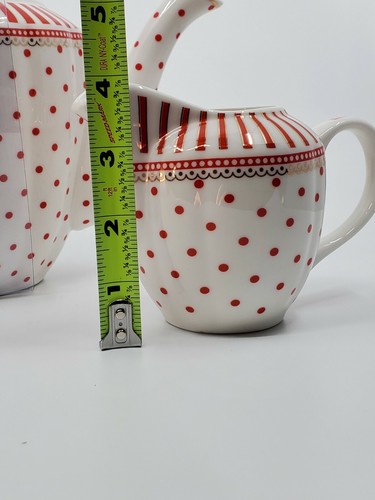Grace's Teaware Josephine rot gepunktet & Streifen Teekanne Zuckerdose Milchkännchen - Bild 6 von 9